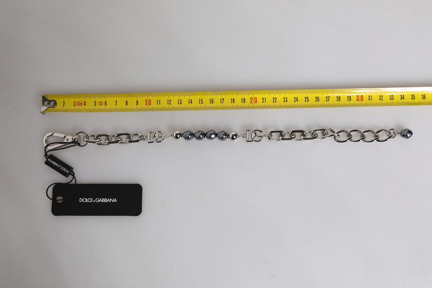 Dolce & Gabbana Armband mit silberfarbener Kette, Karabinerverschluss, Logo und grauen Perlen