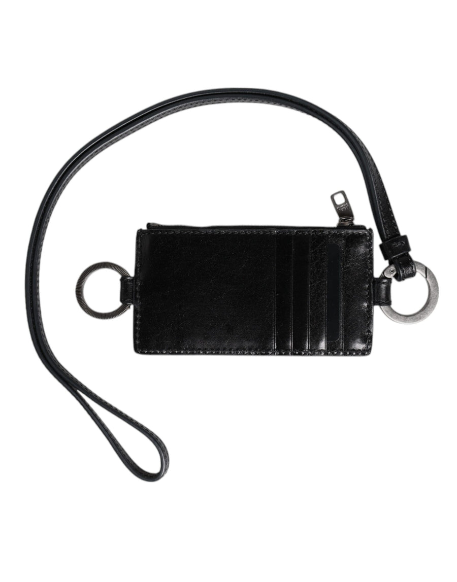 Dolce & Gabbana Schwarzes Leder mit Logo-Prägung Lanyard Kartenhalter Brieftasche