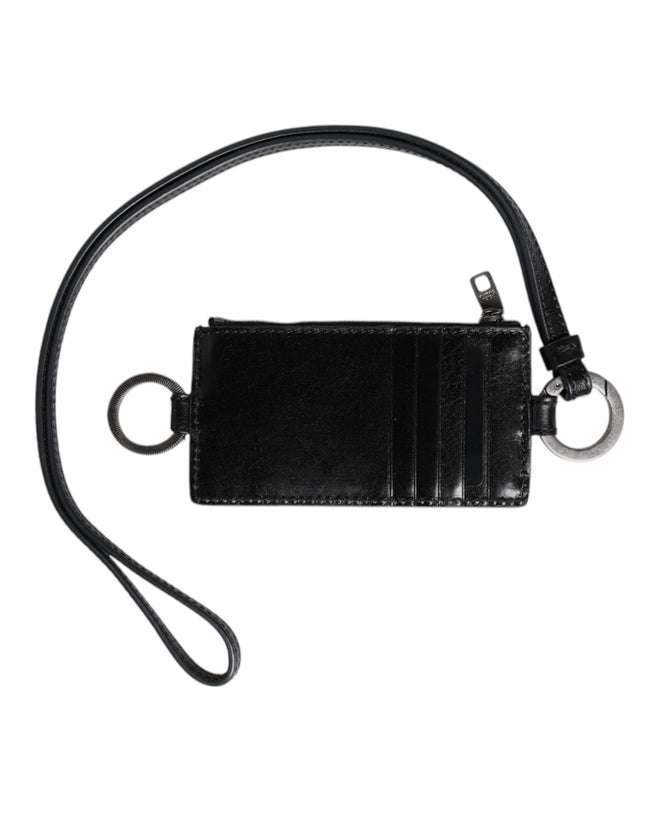 Dolce & Gabbana Schwarzer Leder-Kartenhalter mit Logo-Prägung und Umhängeband