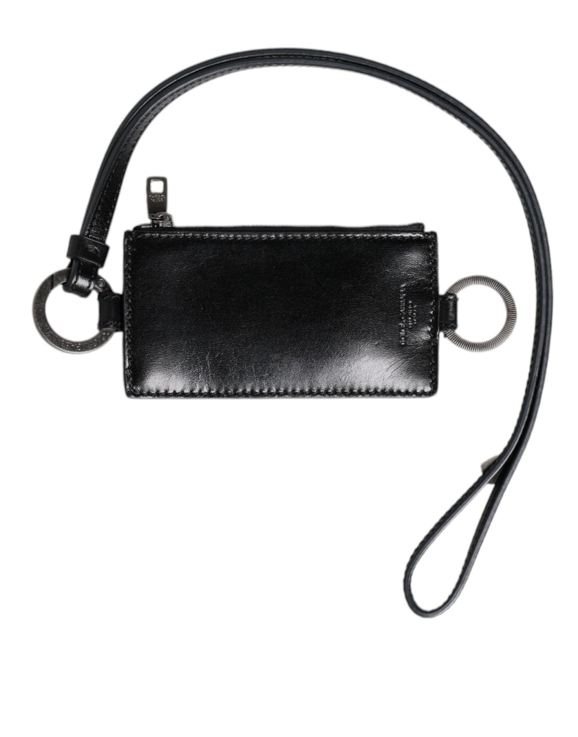 Dolce & Gabbana Schwarzes Leder mit Logo-Prägung Lanyard Kartenhalter Brieftasche