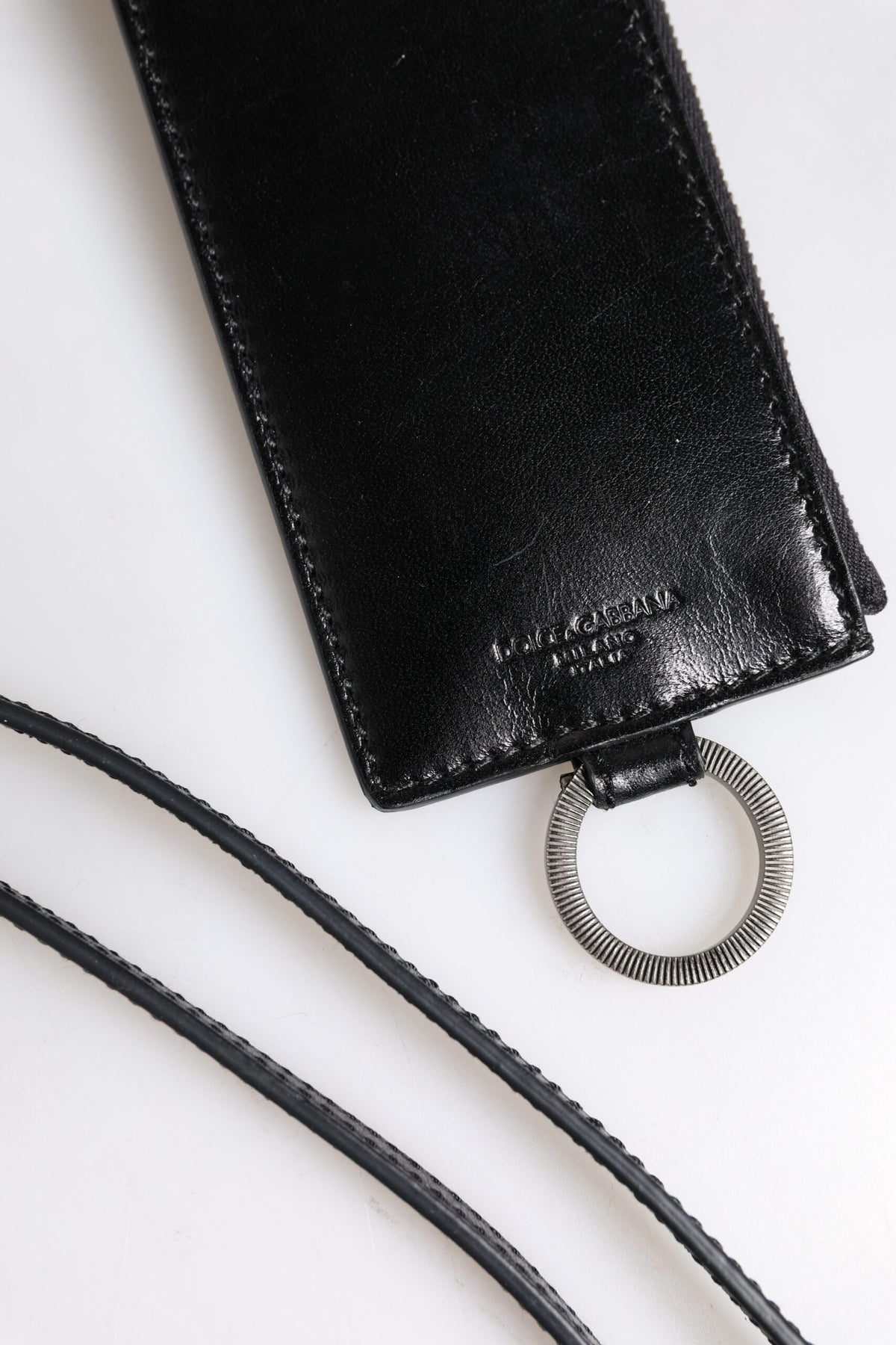 Dolce & Gabbana Black Leather Logo-Embossed Lanyard Card Holder Wallet