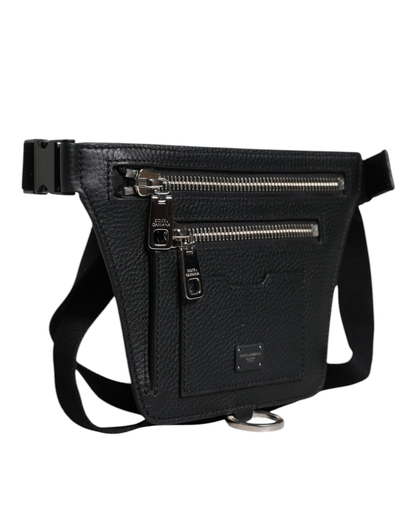 Dolce & Gabbana Schwarzes Kalbsleder Logo Plaque Gürtel Taille Männer Fanny Pack Tasche