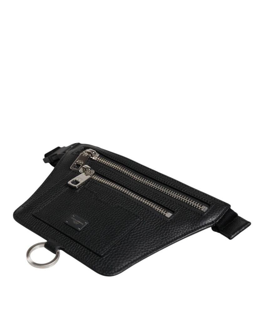 Dolce & Gabbana Schwarzes Kalbsleder Logo Plaque Gürtel Taille Männer Fanny Pack Tasche