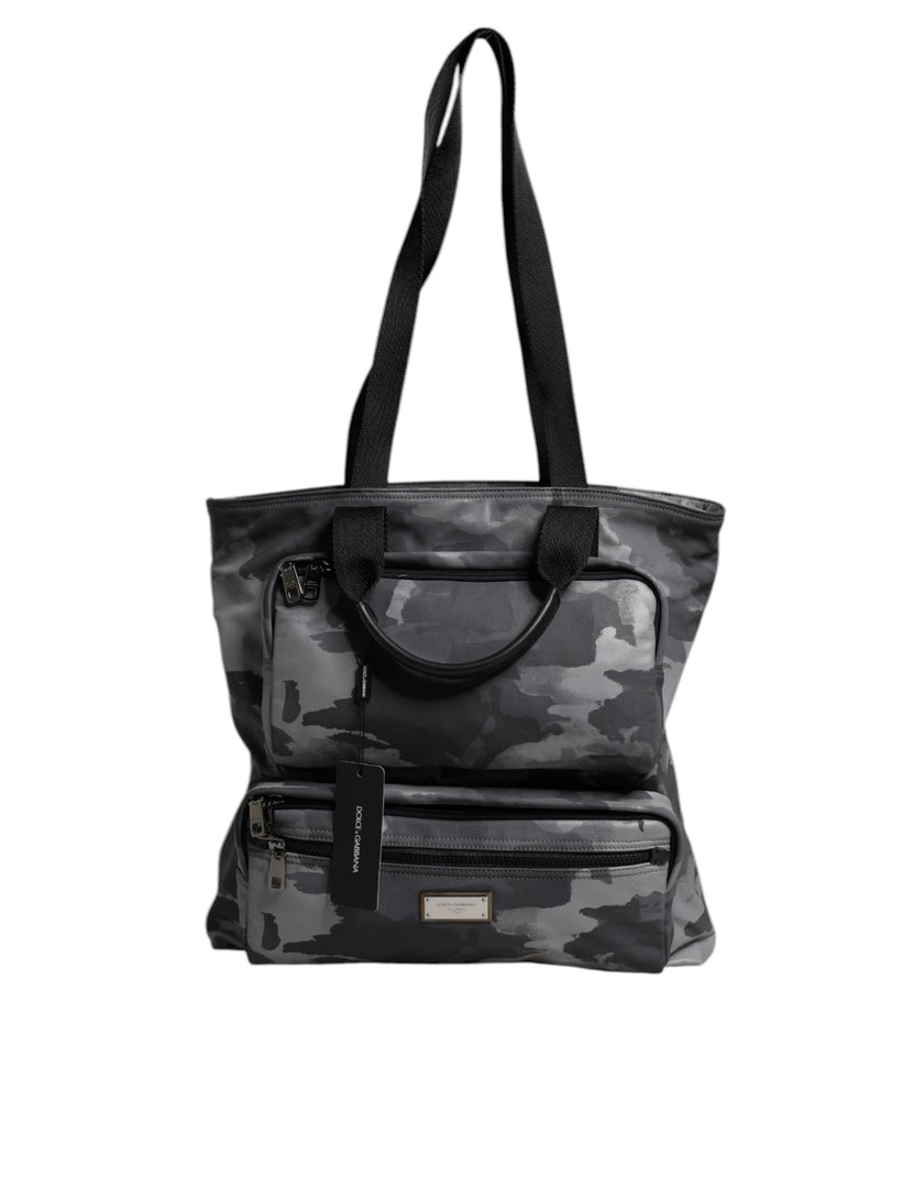 Dolce & Gabbana Graue Tarnfarben-Baumwolltasche mit mehreren Fächern Tote Bag
