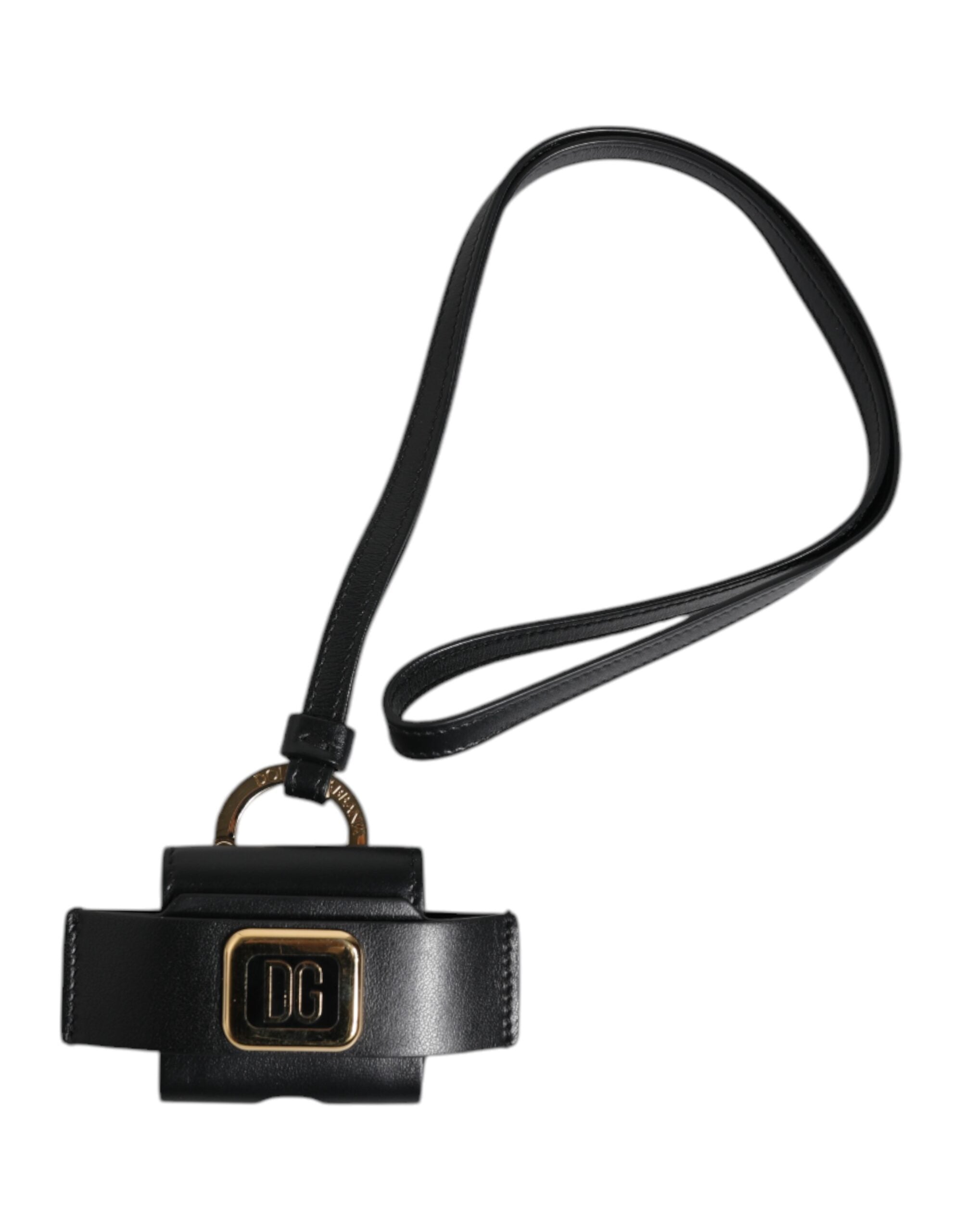 Dolce & Gabbana Schwarzer Lederriemen Gold Metall Logo Plaque Airpods Fall