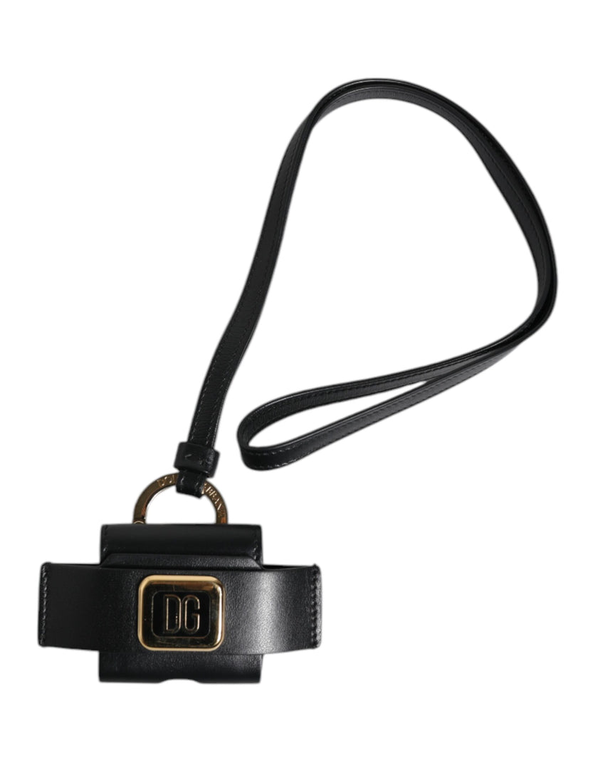 Dolce & Gabbana Schwarzer Lederriemen Gold Metall Logo Plaque Airpods Fall