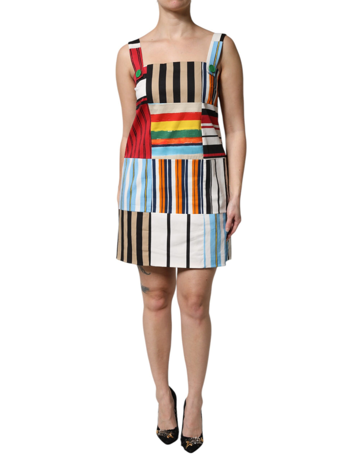 Dolce & Gabbana Multicolor Baumwollstreifen Kleid ohne Ärmel