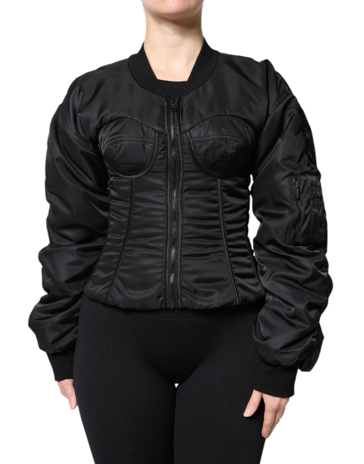 Dolce & Gabbana Schwarzes Nylon Full Zip Bustier Korsett Jacke