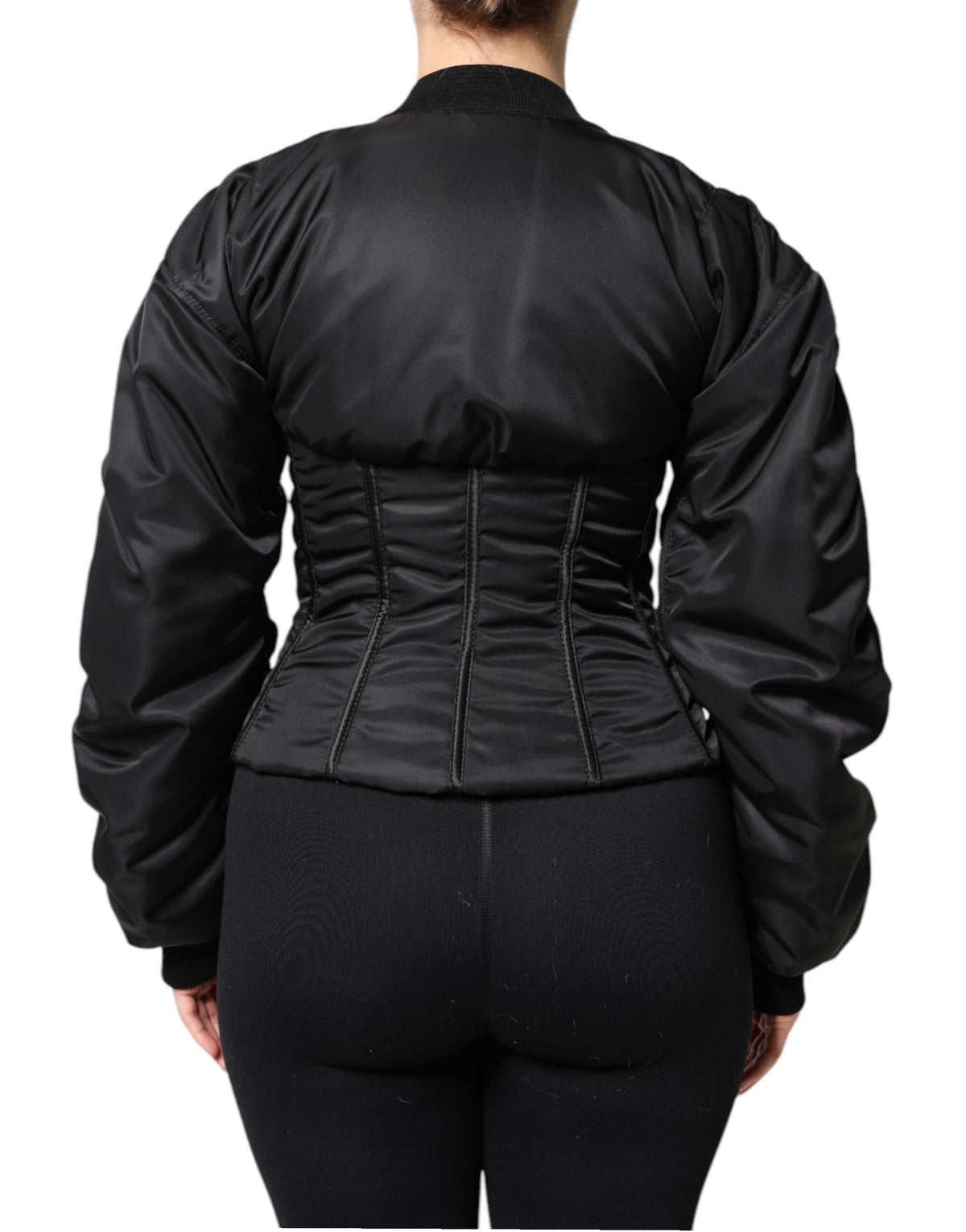 Dolce & Gabbana Schwarzes Nylon Full Zip Bustier Korsett Jacke