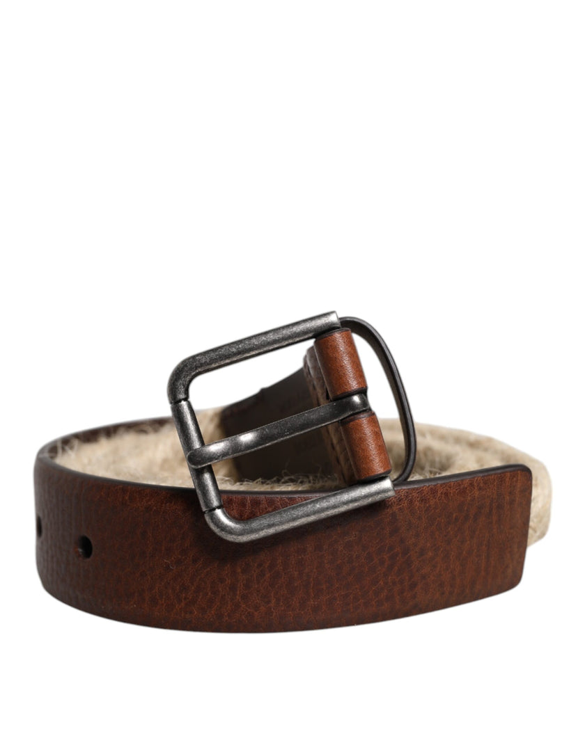Dolce & Gabbana Brauner Jute-Leder-Gürtel mit gewebter Metallschnalle