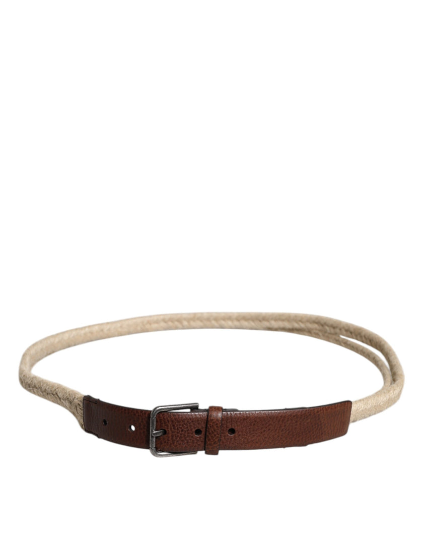 Dolce & Gabbana Brauner Jute-Leder-Gürtel mit gewebter Metallschnalle