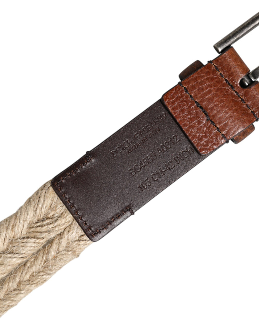Dolce & Gabbana Brauner Jute-Leder-Gürtel mit gewebter Metallschnalle
