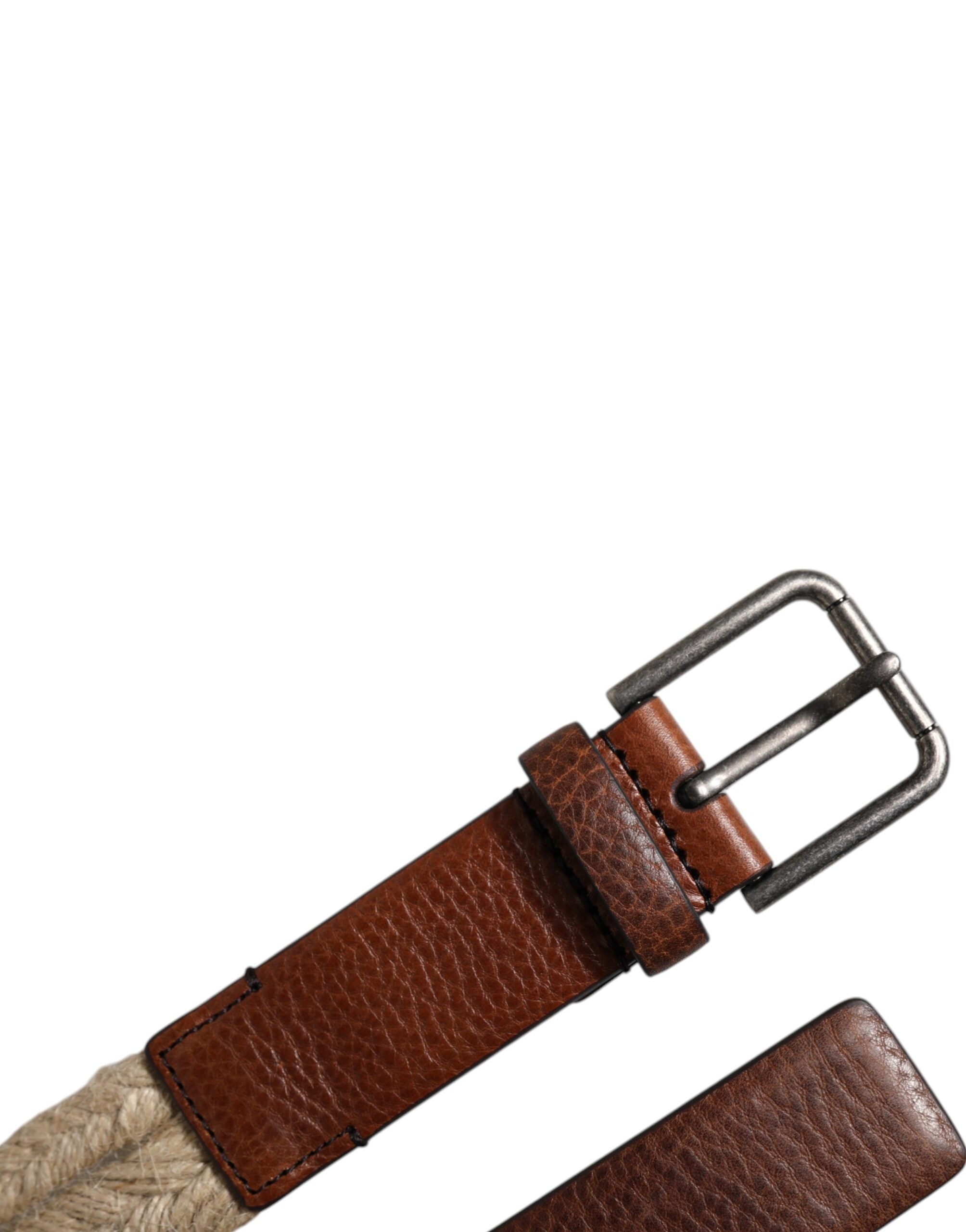 Dolce & Gabbana Brauner Jute-Leder-Gürtel mit gewebter Metallschnalle