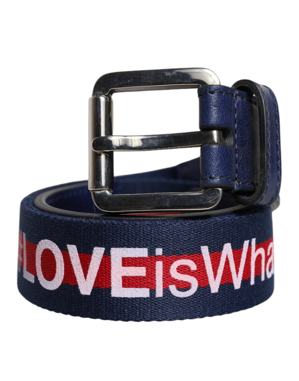 Dolce & Gabbana Blue Cotton Leather Belt with Printed Metal Buckle