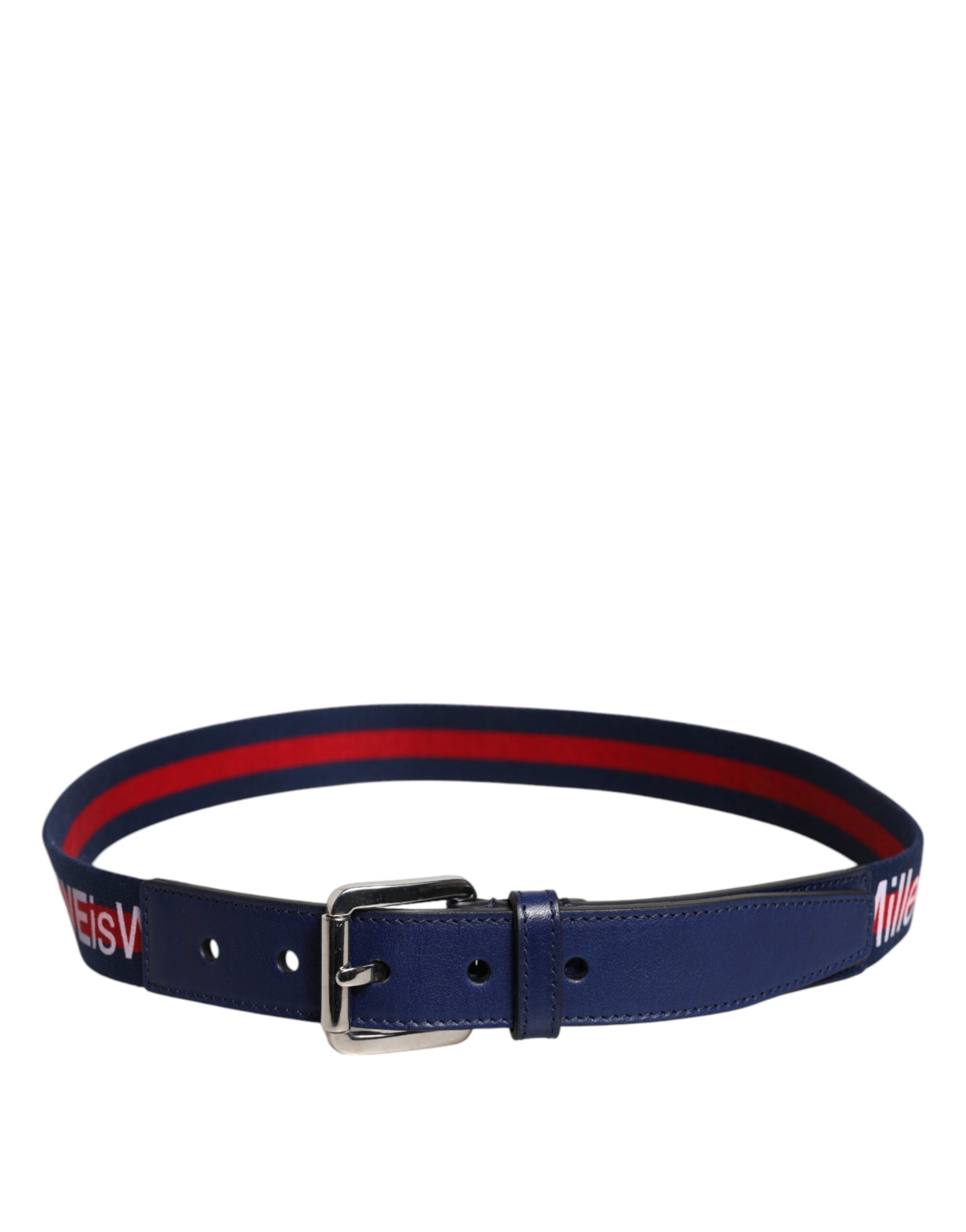 Dolce & Gabbana Blauer Baumwoll-Leder-Gürtel mit gedruckter Metallschnalle