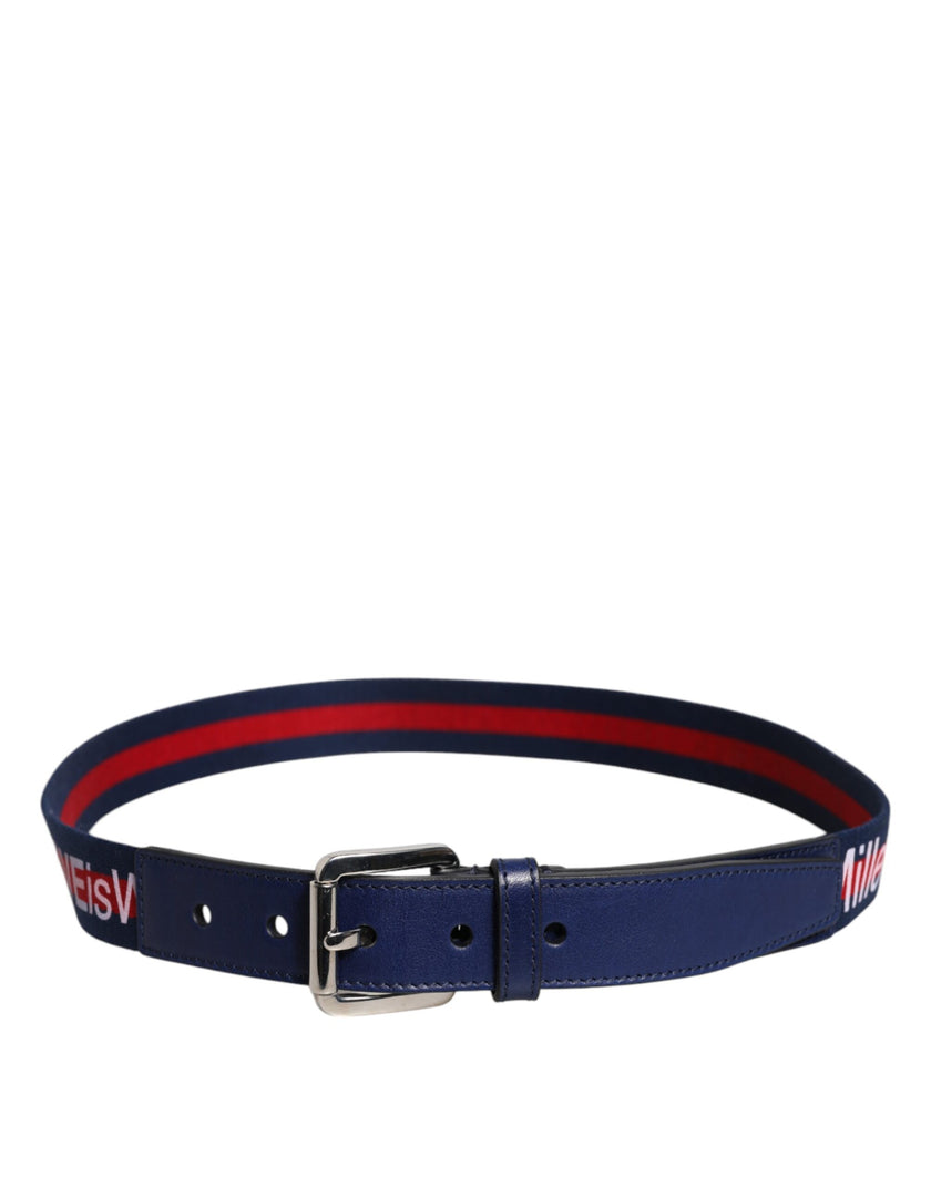 Dolce & Gabbana Blauer Baumwoll-Leder-Gürtel mit gedruckter Metallschnalle
