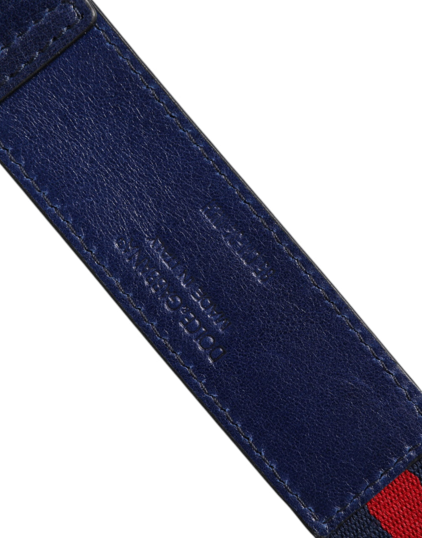 Dolce & Gabbana Blauer Baumwoll-Leder-Gürtel mit gedruckter Metallschnalle