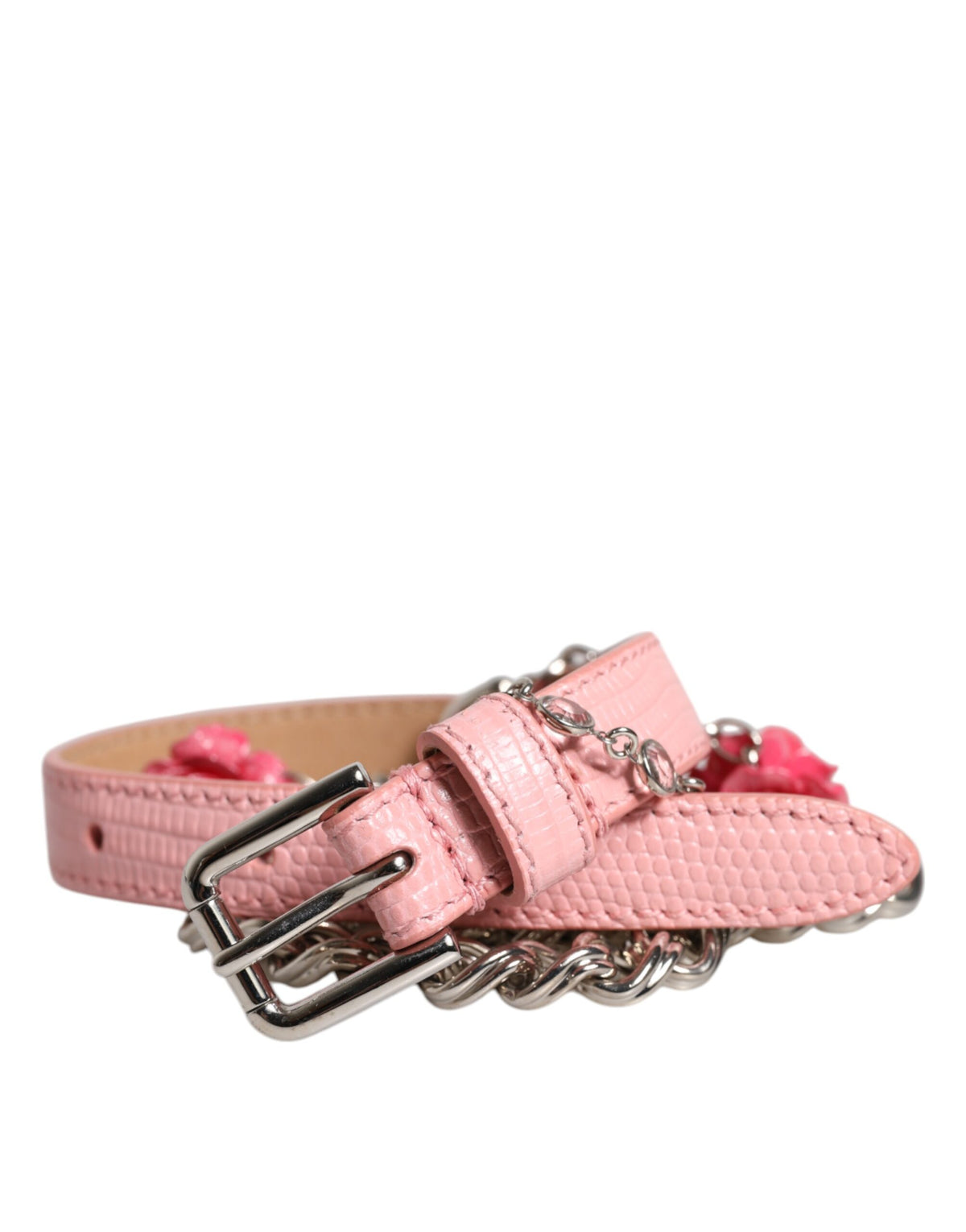 Dolce & Gabbana Pink Embellished Rose Textured Leather Belt