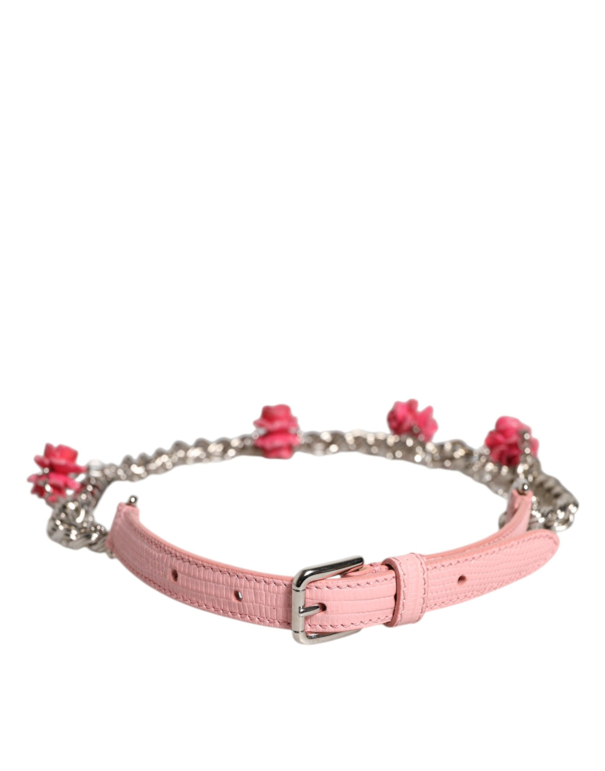 Dolce & Gabbana Pink Embellished Rose Textured Leather Belt