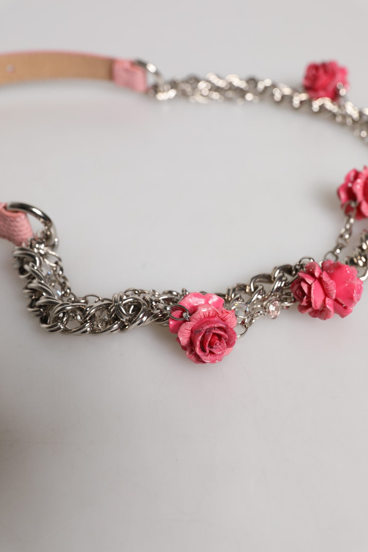 Dolce & Gabbana Pink Embellished Rose Textured Leather Belt
