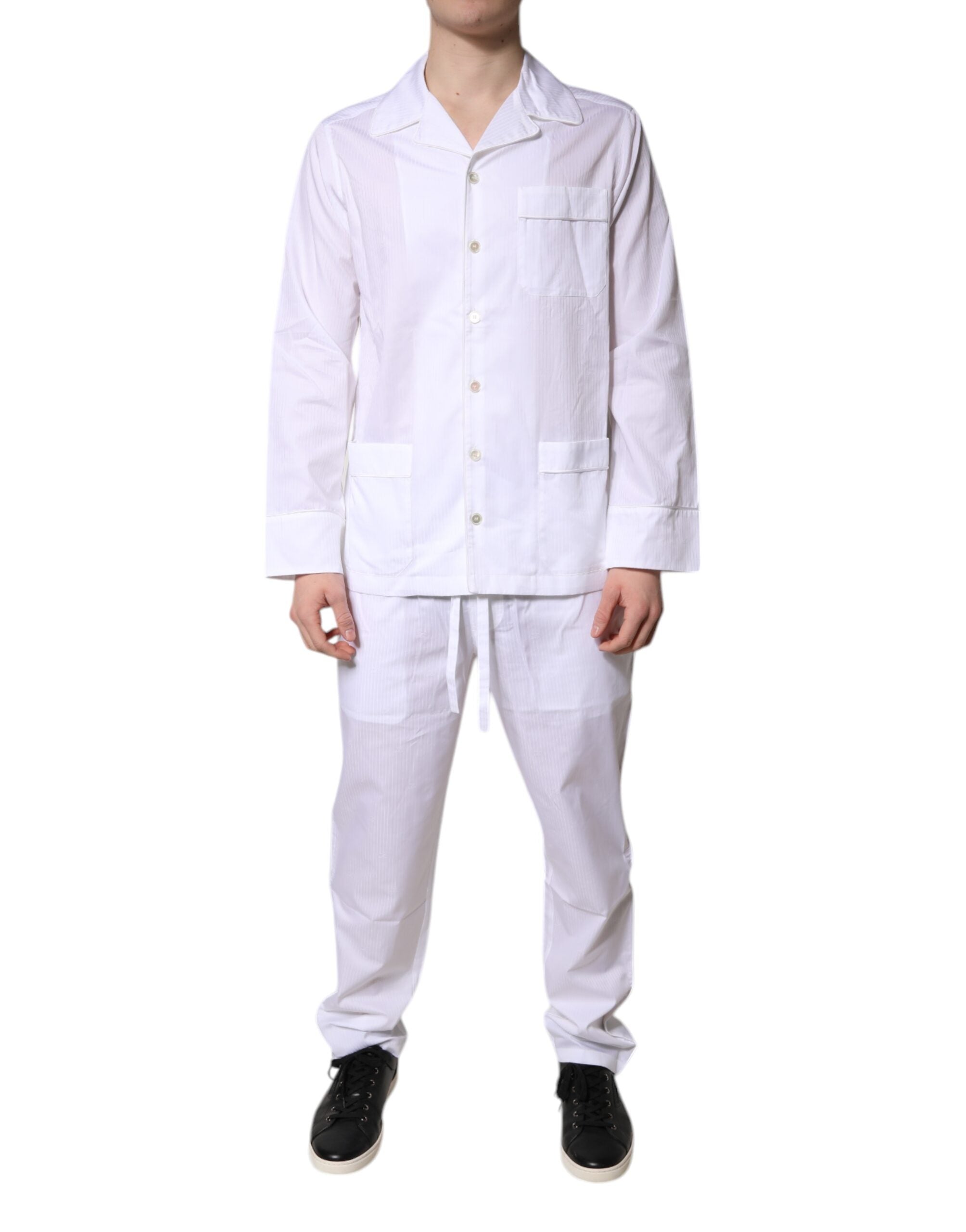 Dolce & Gabbana Weißes Baumwollhemd Hose Pyjama Set Schlafanzug