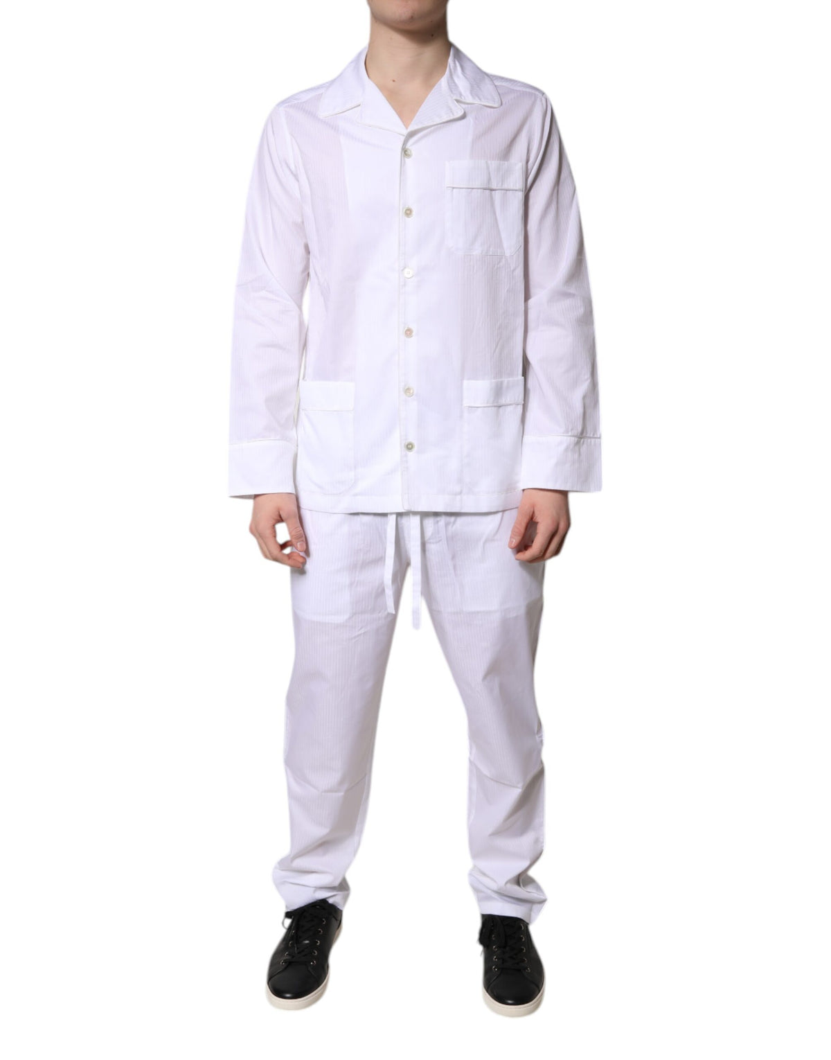Dolce & Gabbana Weißes Baumwollhemd Hose Pyjama Set Schlafanzug
