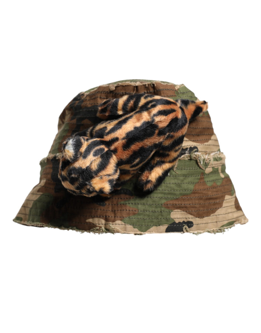 Dolce & Gabbana Multicolor Leopard verschönern breite Krempe Eimer Hut