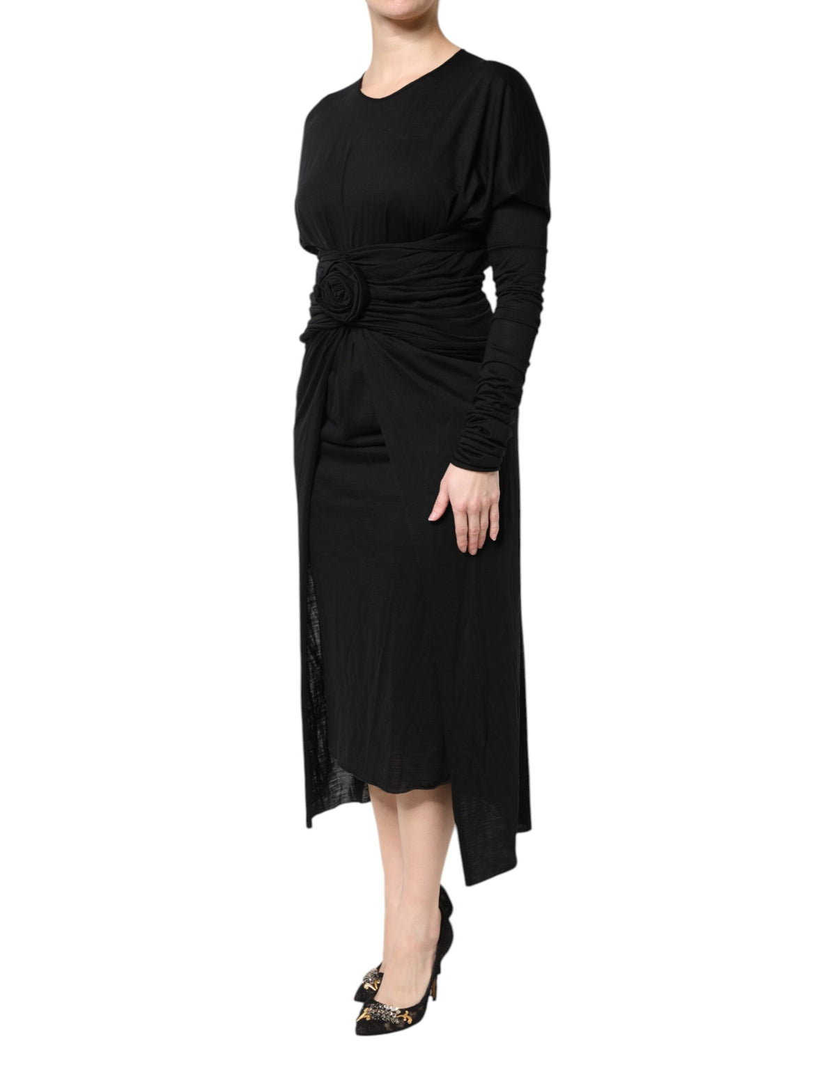 Dolce & Gabbana Black Long-Sleeve Wool Sheath Dress
