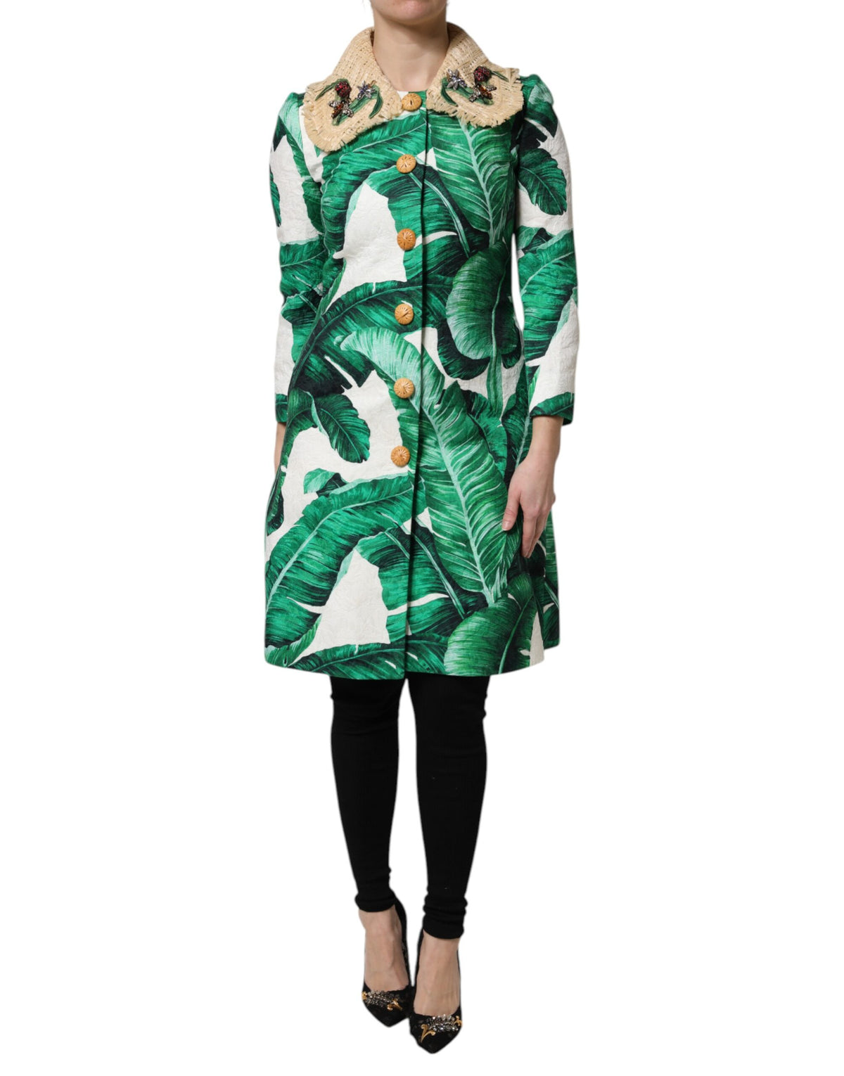 Dolce & Gabbana Multicolor Trenchcoat Jacke mit Blattdruck und Verzierungen