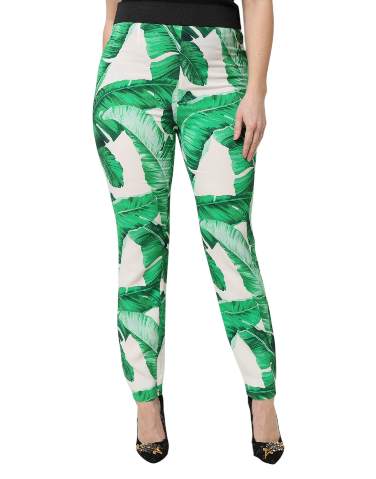 Dolce & Gabbana Weiß Grün Blatt Hohe Taille Hose
