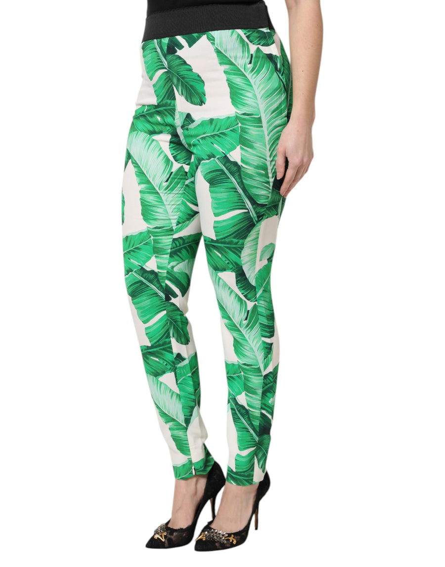 Dolce & Gabbana Weiß Grün Blatt Hohe Taille Hose