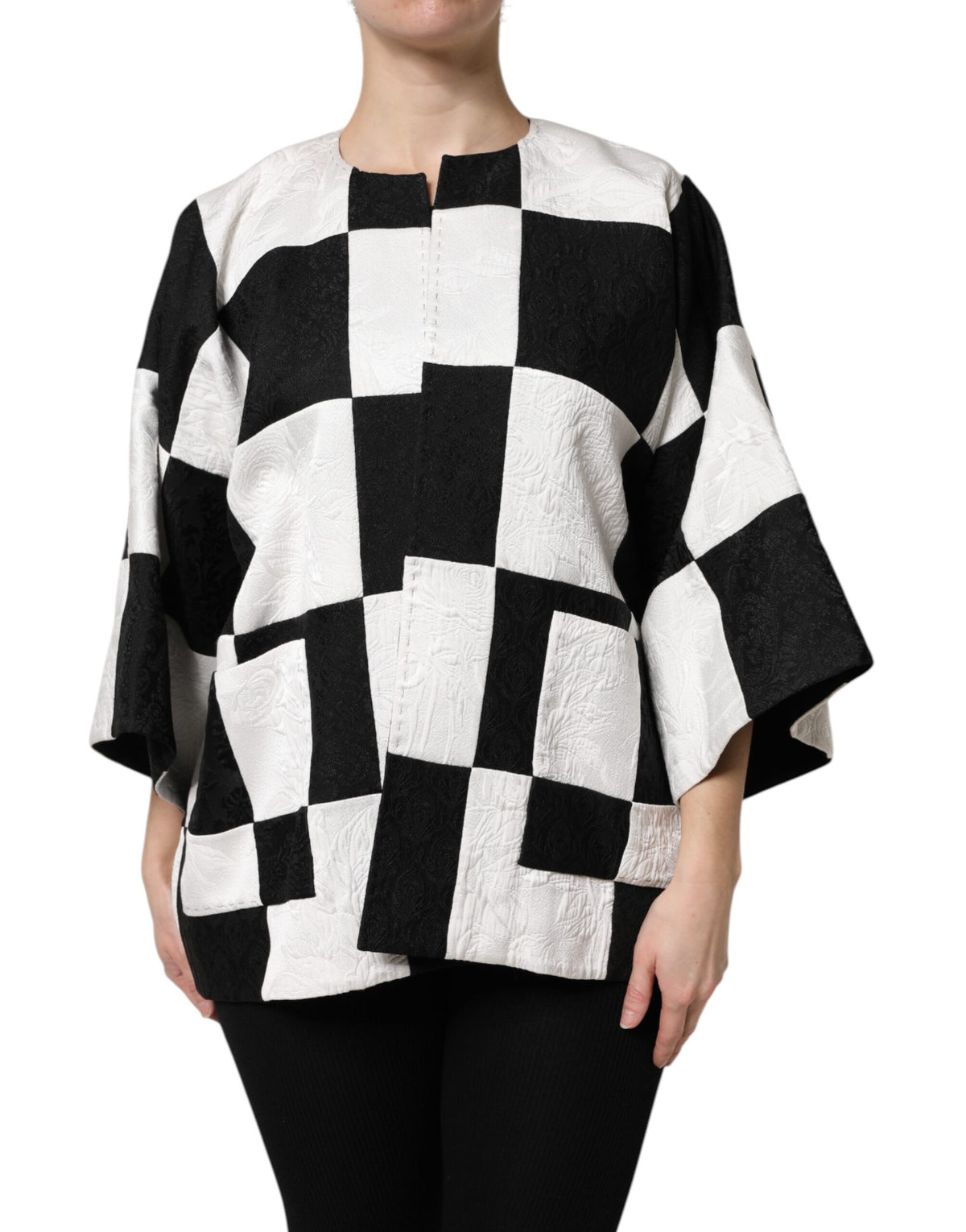 Dolce & Gabbana Weiß Schwarz Patchwork Jacquard Blazer Jacke