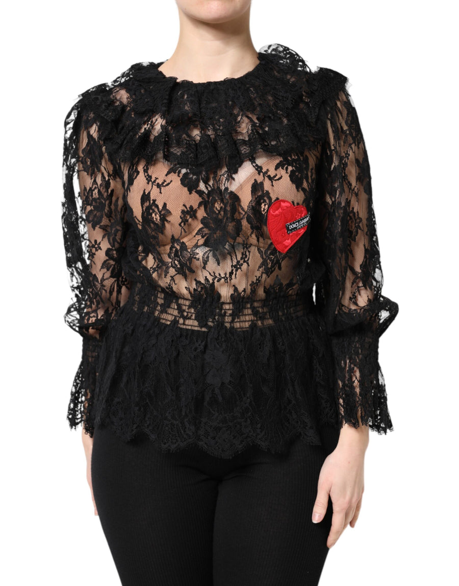 Dolce & Gabbana Schwarzes Blusentop aus Baumwolle mit floraler Spitze für Frauen