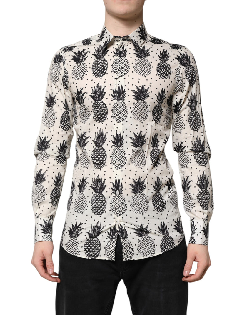 Dolce & Gabbana Weißes langärmeliges GOLD-Shirt mit Ananasdruck