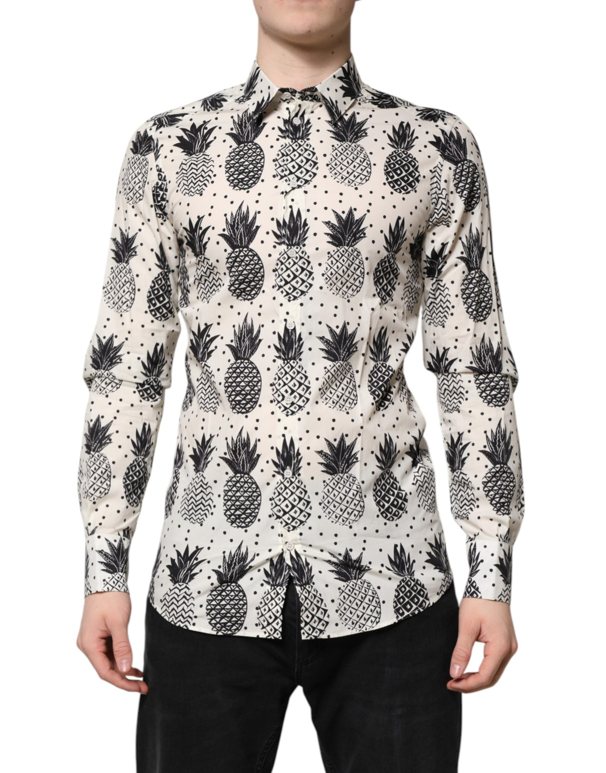 Dolce & Gabbana Weißes langärmeliges GOLD-Shirt mit Ananasdruck