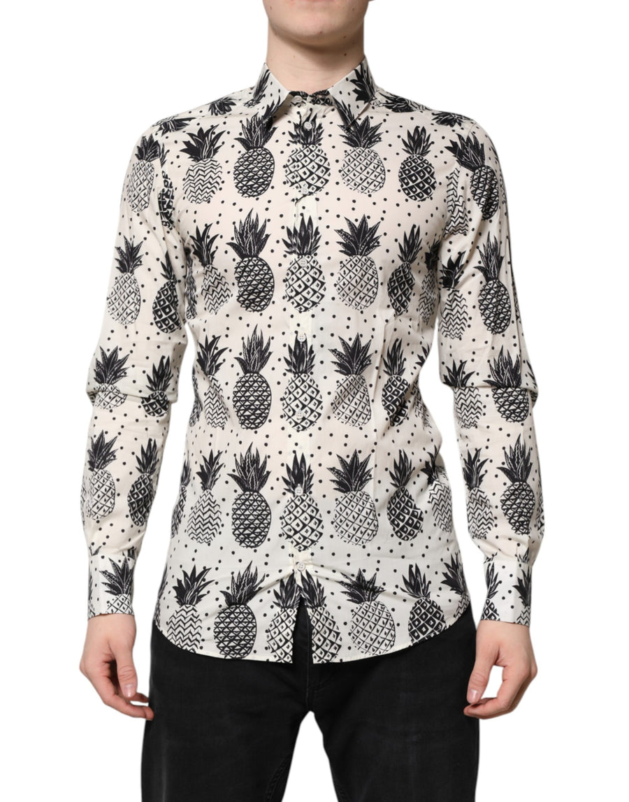 Dolce & Gabbana White Long-sleeved GOLD Pineapple Print Shirt