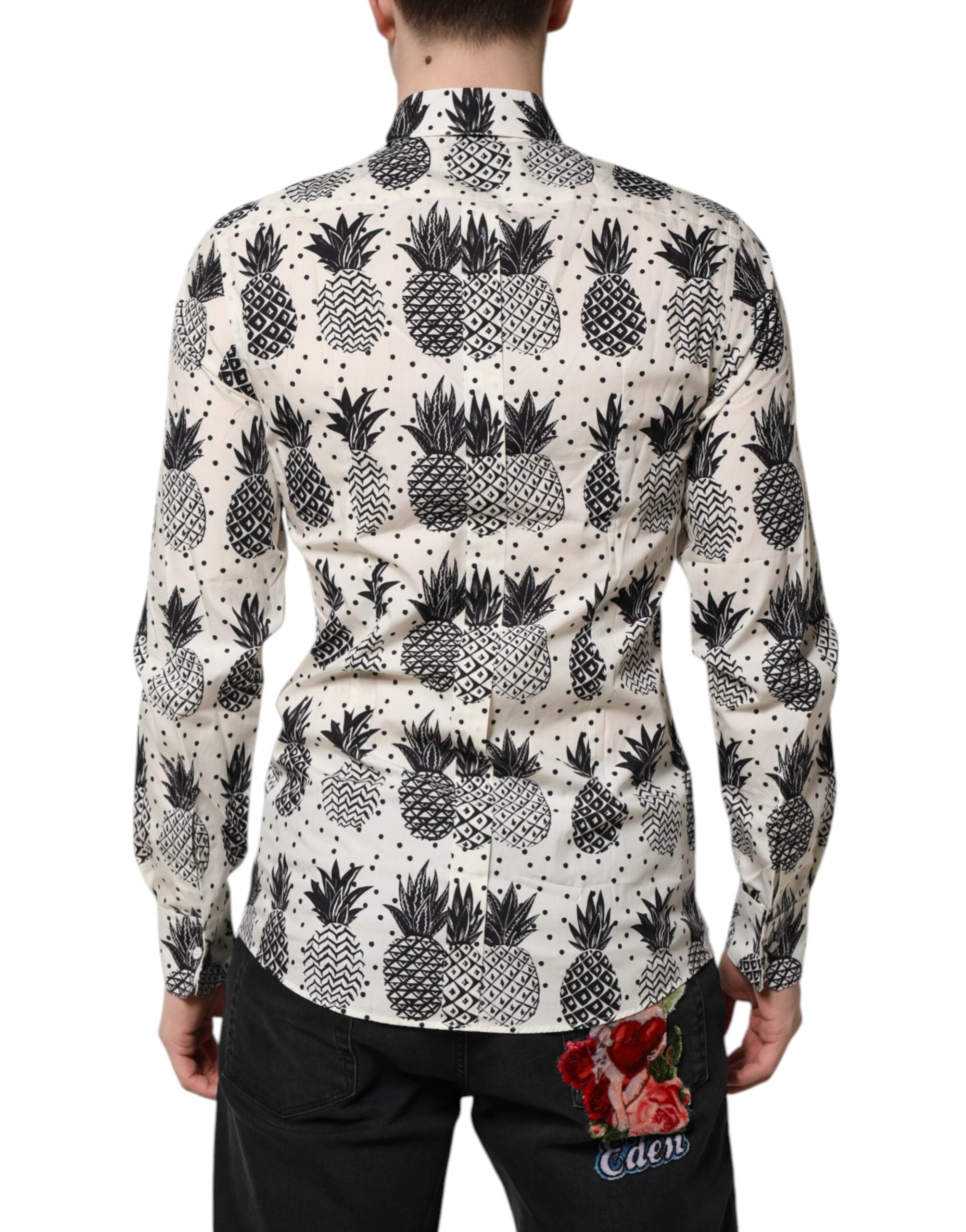 Dolce & Gabbana Weißes langärmeliges GOLD-Shirt mit Ananasdruck