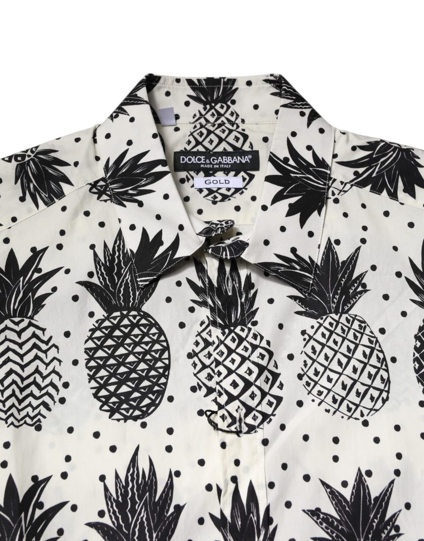 Dolce & Gabbana Weißes langärmeliges GOLD-Shirt mit Ananasdruck