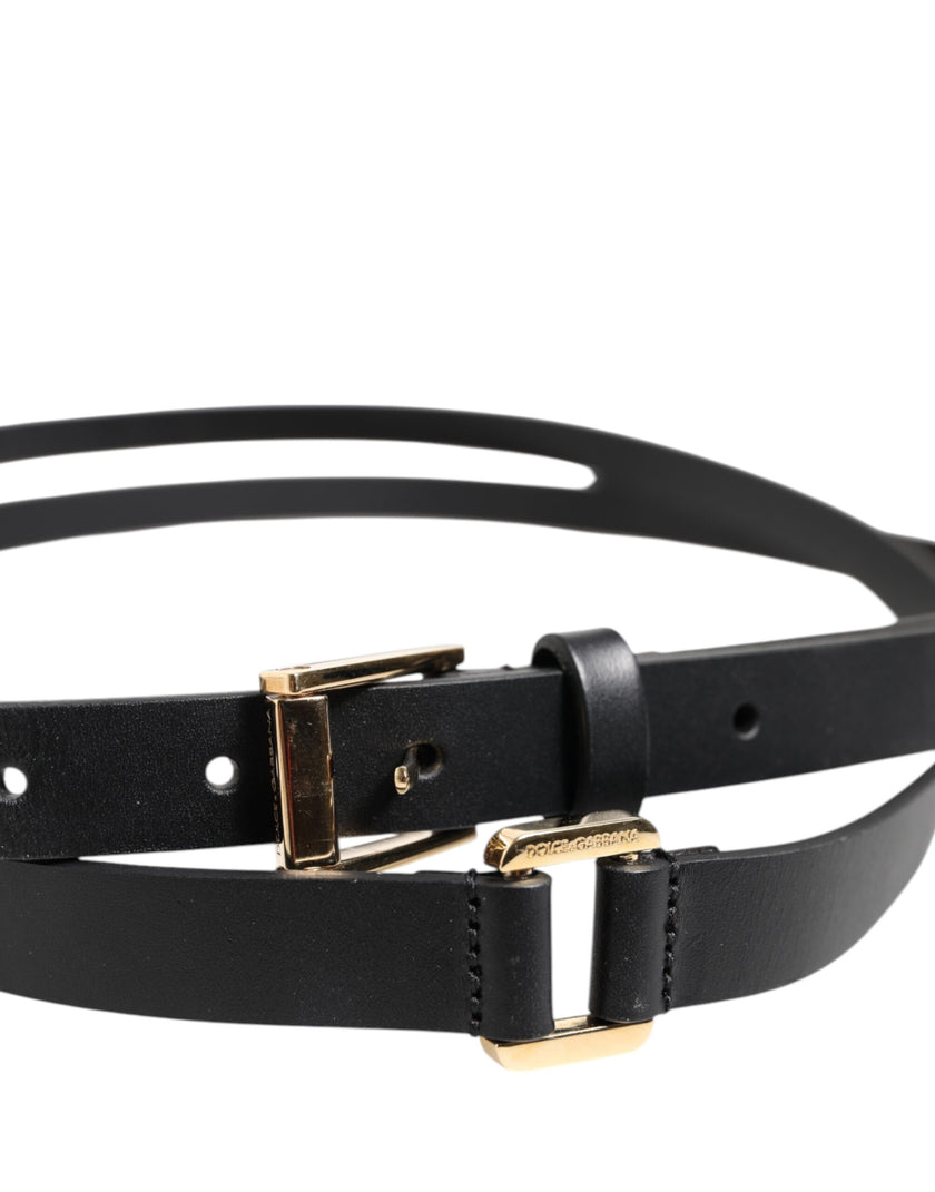Dolce & Gabbana Schwarzer Doppelriemen-Ledergürtel mit goldener Schnalle