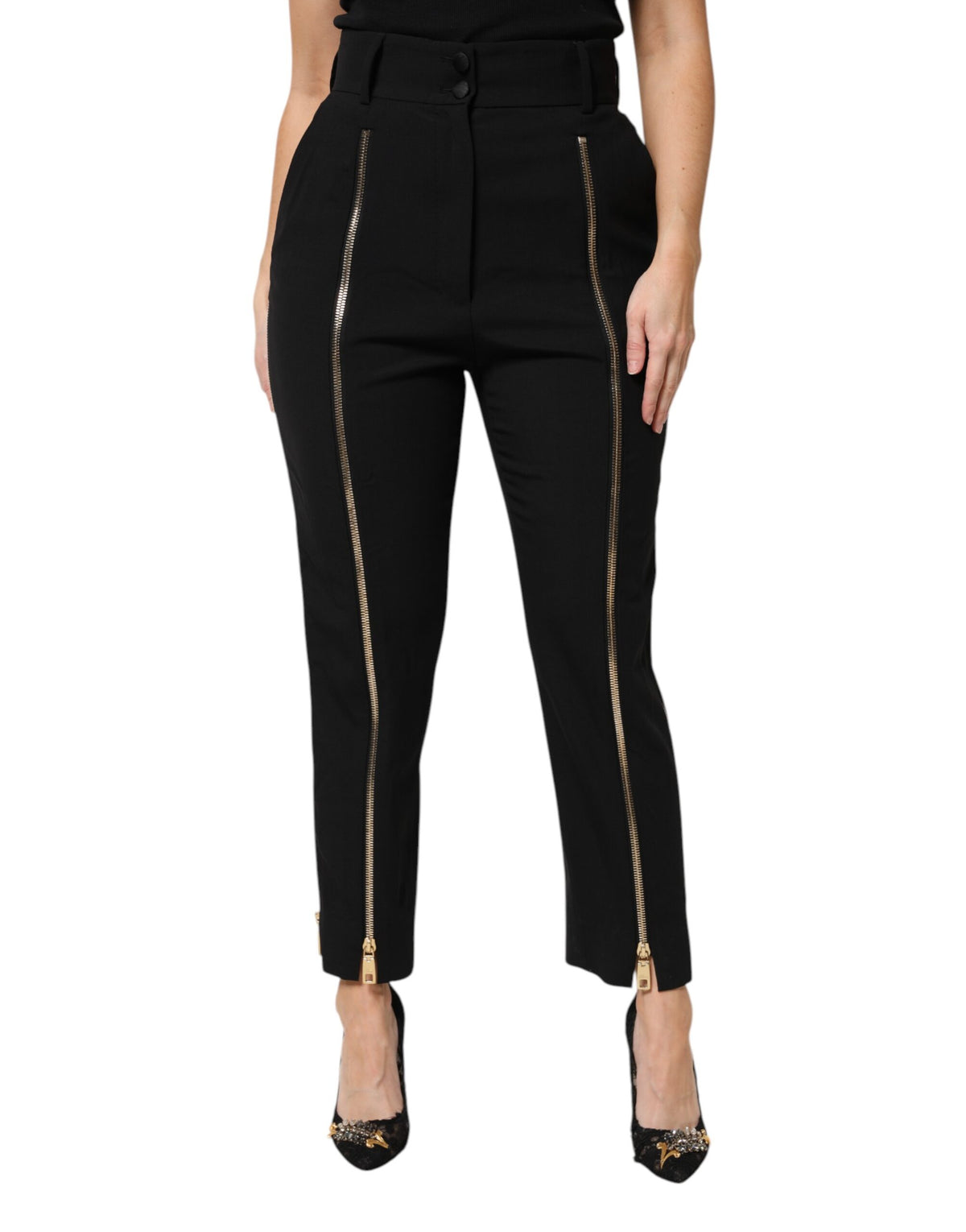Dolce & Gabbana Schwarze Wollhose mit hoher Taille und Reißverschluss