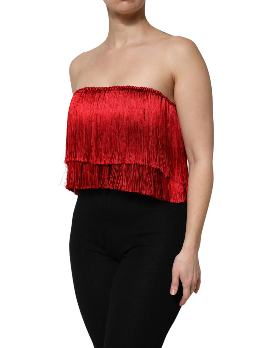 Dolce & Gabbana Red Silk Strapless Fringe Crop Top