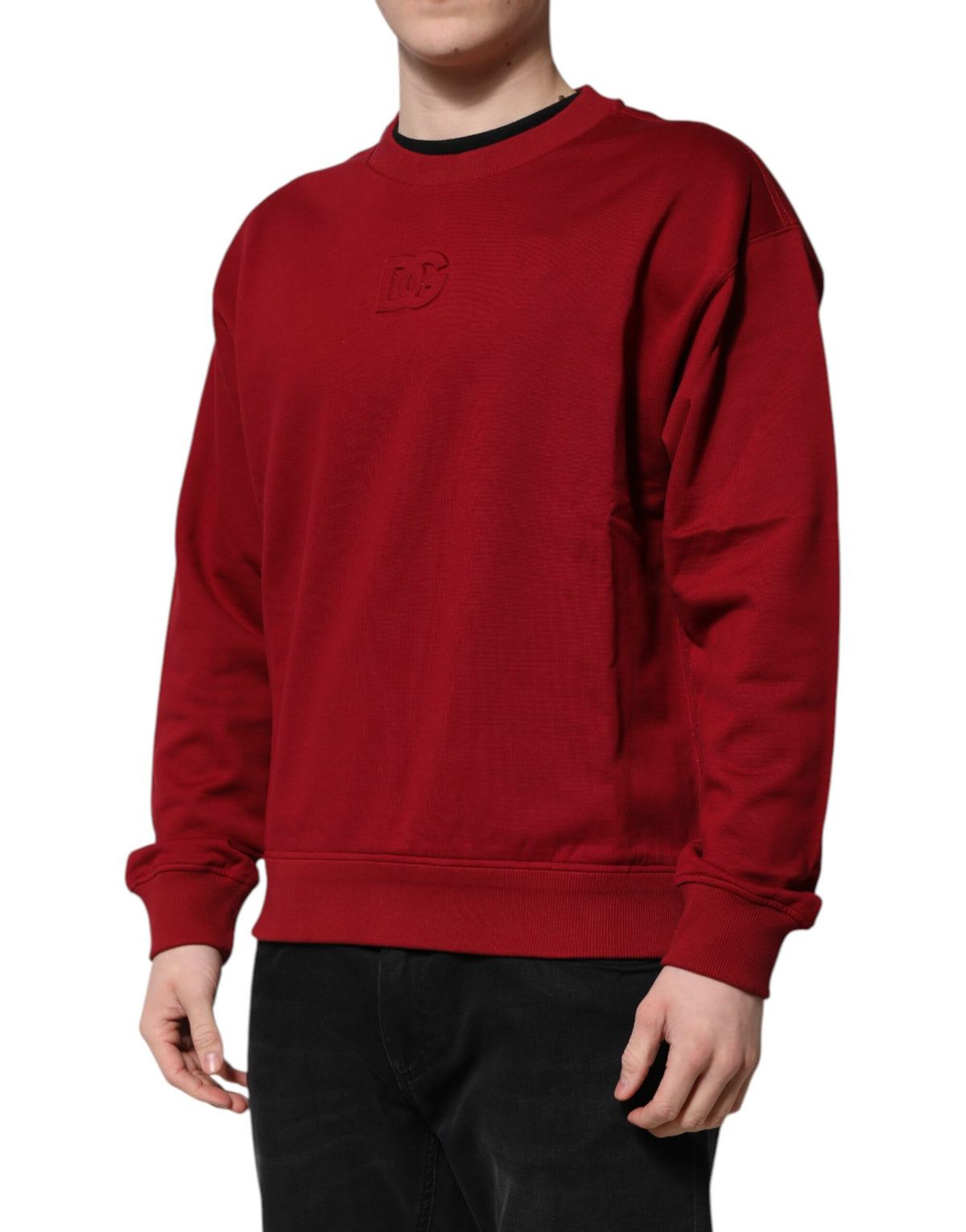 Dolce & Gabbana Red Cotton Crew-Neck Sweatshirt with Embossed Logo