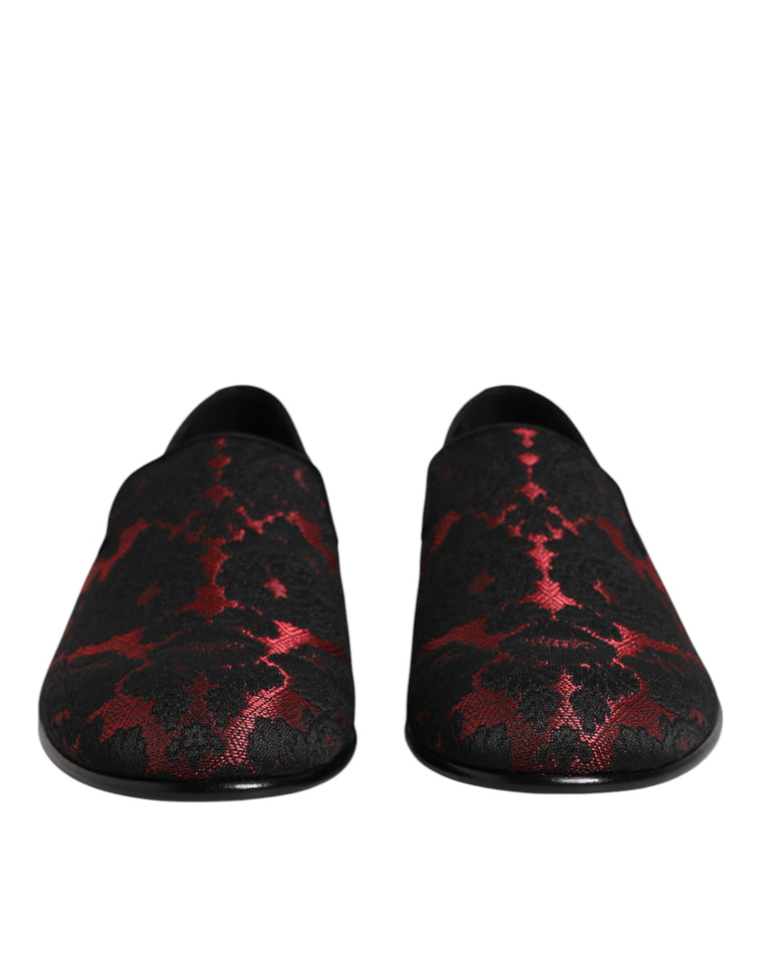 Dolce & Gabbana Rot Schwarz Jacquard Slip On Loafers Schuhe