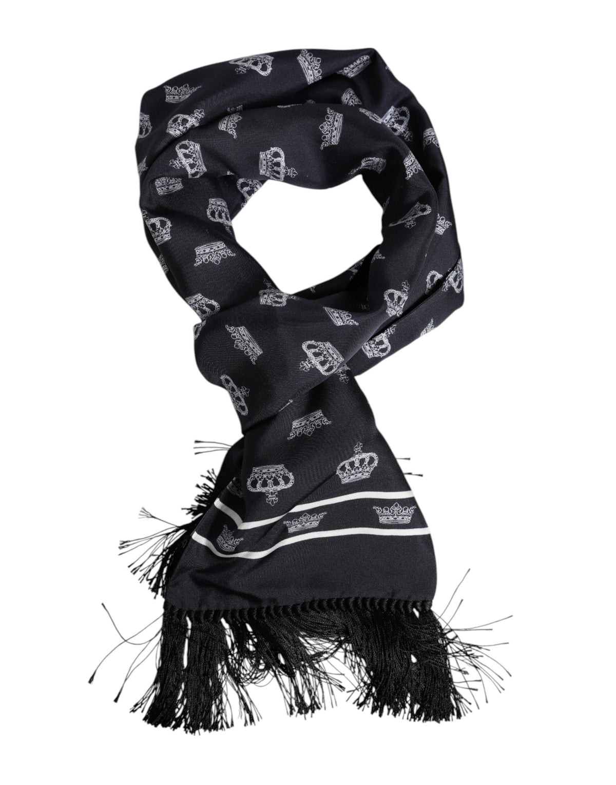 Dolce & Gabbana Black Silk Crown Fringe Men's Foulard Scarf