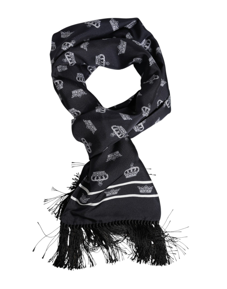 Dolce & Gabbana Black Silk Crown Fringe Men's Foulard Scarf
