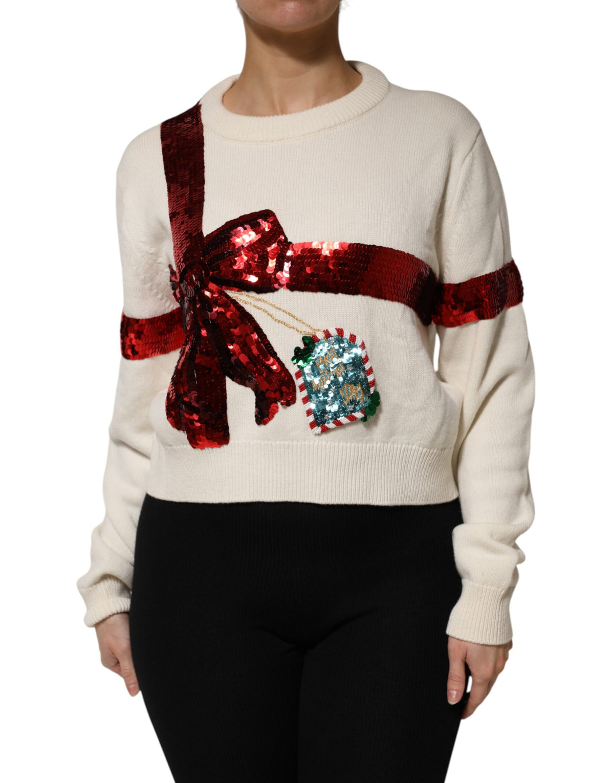 Dolce & Gabbana White Sequin Embellished Crewneck Sweater