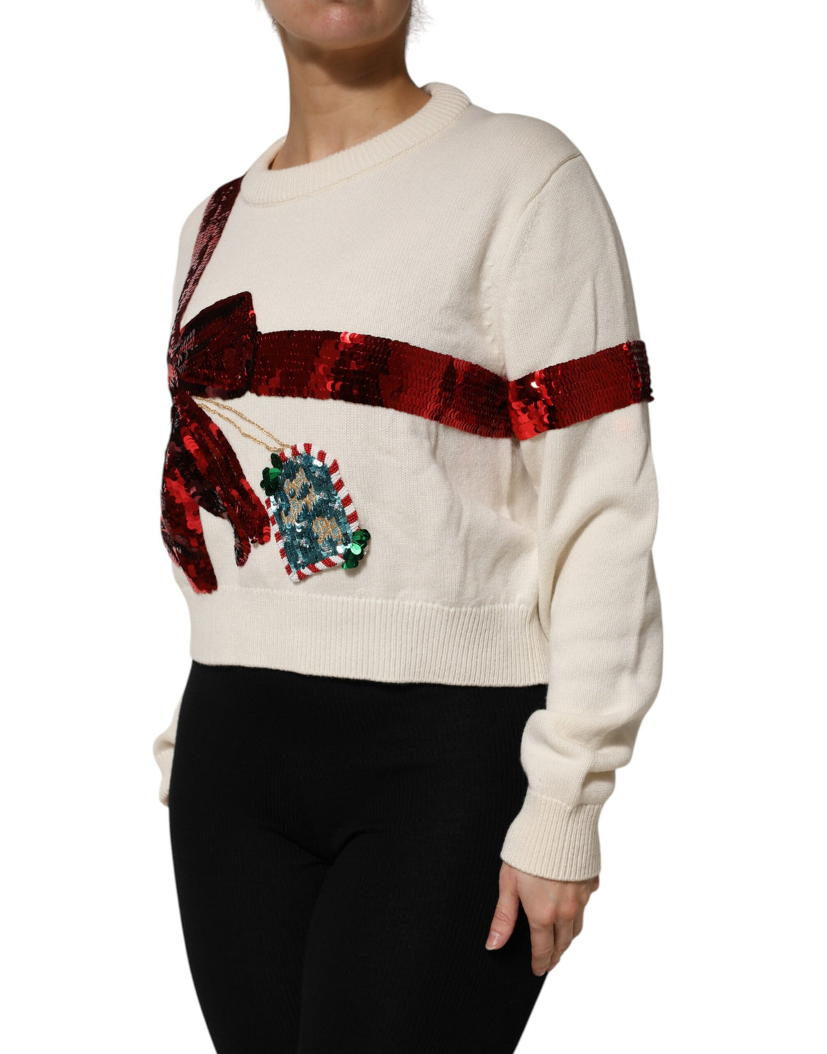 Dolce & Gabbana White Sequin Embellished Crewneck Sweater