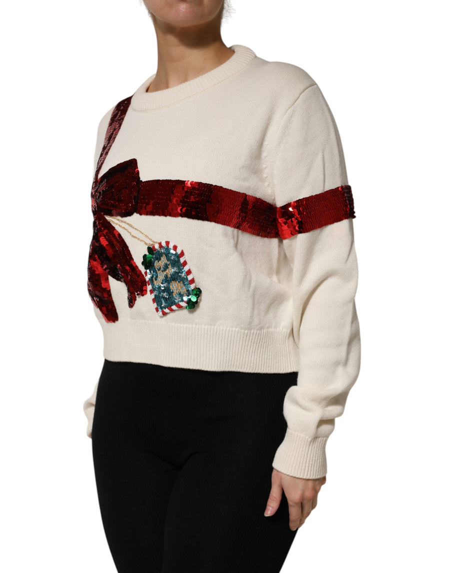 Dolce & Gabbana White Sequin Embellished Crewneck Sweater