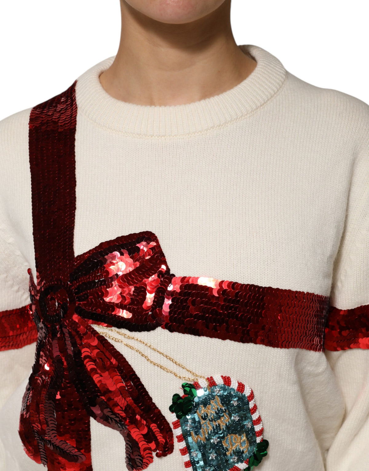 Dolce & Gabbana White Sequin Embellished Crewneck Sweater