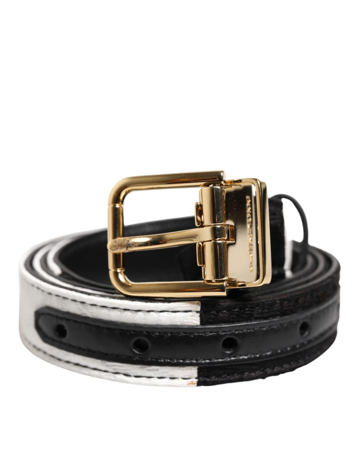 Dolce & Gabbana Black White Patchwork Belt with Gold Metal Buckle